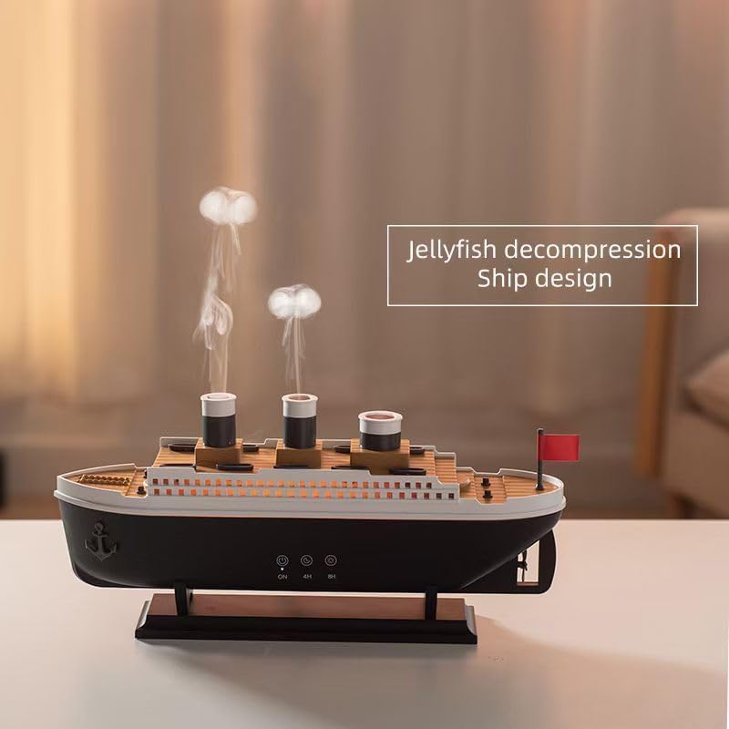 Essential Oil Diffuser Ship Shape Two Spray Mode Jellyfish Smoke Ring Spray LEDs,Remote Control, Power Adapter Aromatherapy Office Humidifier(250ml Capacity)