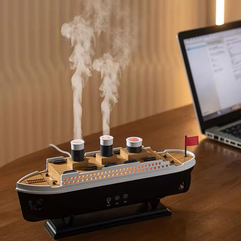 Essential Oil Diffuser Ship Shape Two Spray Mode Jellyfish Smoke Ring Spray LEDs,Remote Control, Power Adapter Aromatherapy Office Humidifier(250ml Capacity)