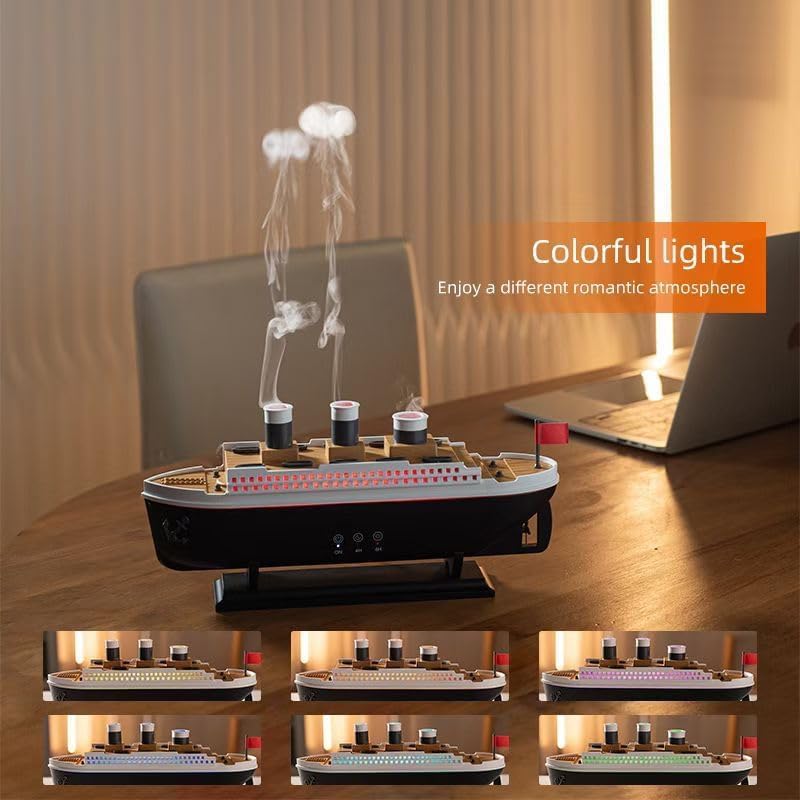 Essential Oil Diffuser Ship Shape Two Spray Mode Jellyfish Smoke Ring Spray LEDs,Remote Control, Power Adapter Aromatherapy Office Humidifier(250ml Capacity)