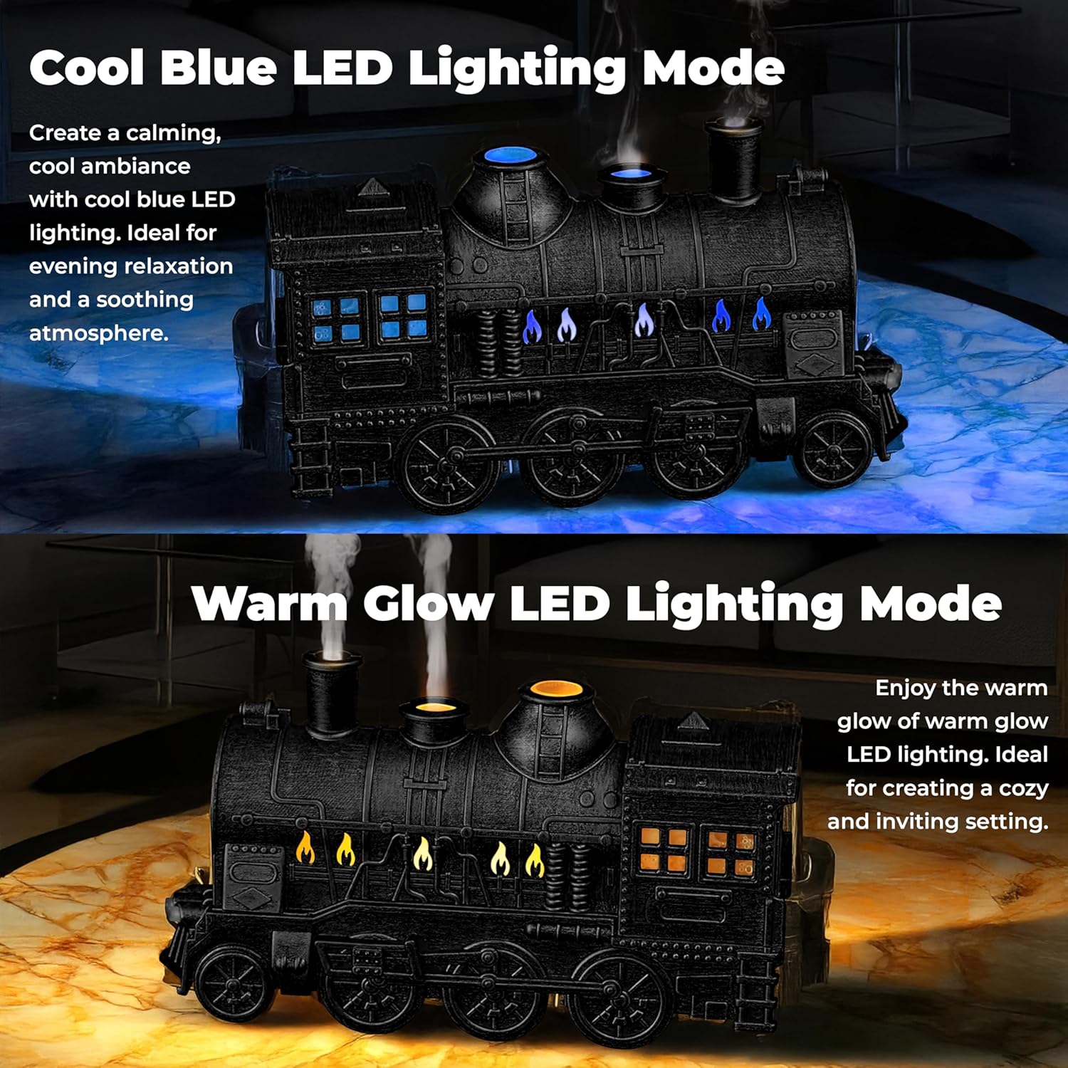 Black Small Train Aromatherapy Humidifier & Essential Oil Diffuser - Dual Mist, Quiet Ultrasonic, 300ML Tank, Remote Control, LED Light, Air Purifier for Home, Office, and Bedroom Use