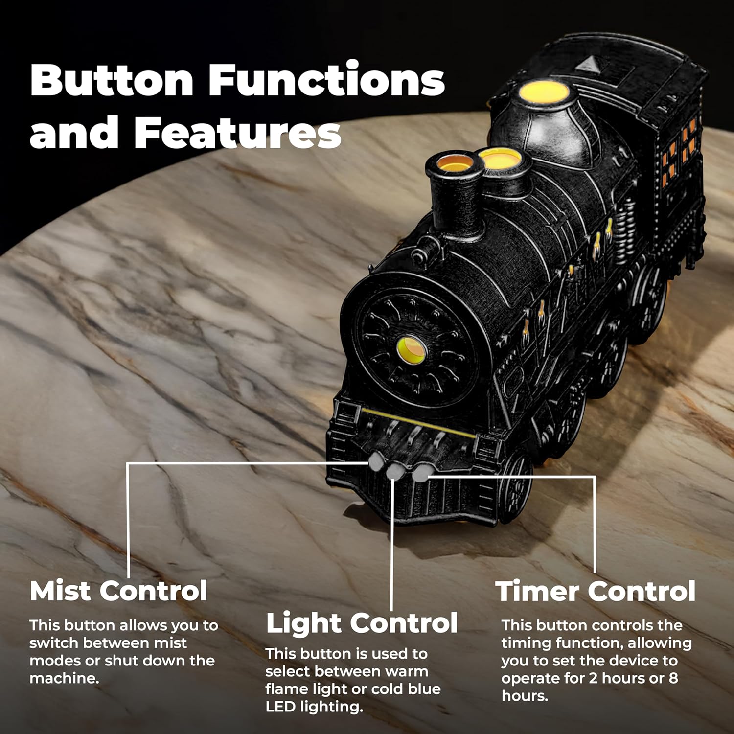 Black Small Train Aromatherapy Humidifier & Essential Oil Diffuser - Dual Mist, Quiet Ultrasonic, 300ML Tank, Remote Control, LED Light, Air Purifier for Home, Office, and Bedroom Use
