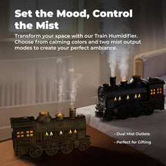 Black Small Train Aromatherapy Humidifier & Essential Oil Diffuser - Dual Mist, Quiet Ultrasonic, 300ML Tank, Remote Control, LED Light, Air Purifier for Home, Office, and Bedroom Use