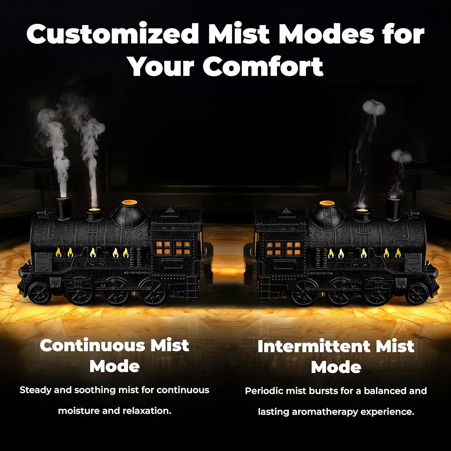 Black Small Train Aromatherapy Humidifier & Essential Oil Diffuser - Dual Mist, Quiet Ultrasonic, 300ML Tank, Remote Control, LED Light, Air Purifier for Home, Office, and Bedroom Use