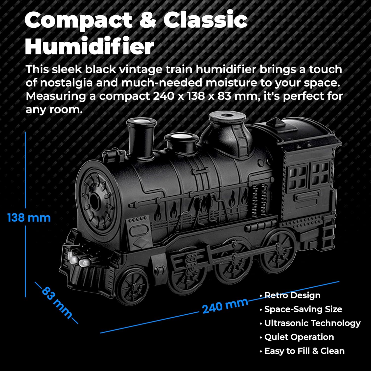 Black Small Train Aromatherapy Humidifier & Essential Oil Diffuser - Dual Mist, Quiet Ultrasonic, 300ML Tank, Remote Control, LED Light, Air Purifier for Home, Office, and Bedroom Use