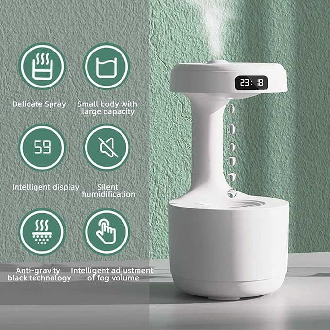 Anti-Gravity Drop Humidifier – 800ml Cool Mist with LED Clock & Water Flow Effect