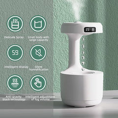 Anti-Gravity Drop Humidifier – 800ml Cool Mist with LED Clock & Water Flow Effect