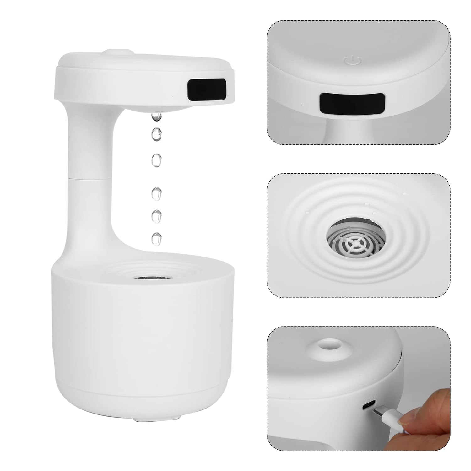 Anti-Gravity Drop Humidifier – 800ml Cool Mist with LED Clock & Water Flow Effect
