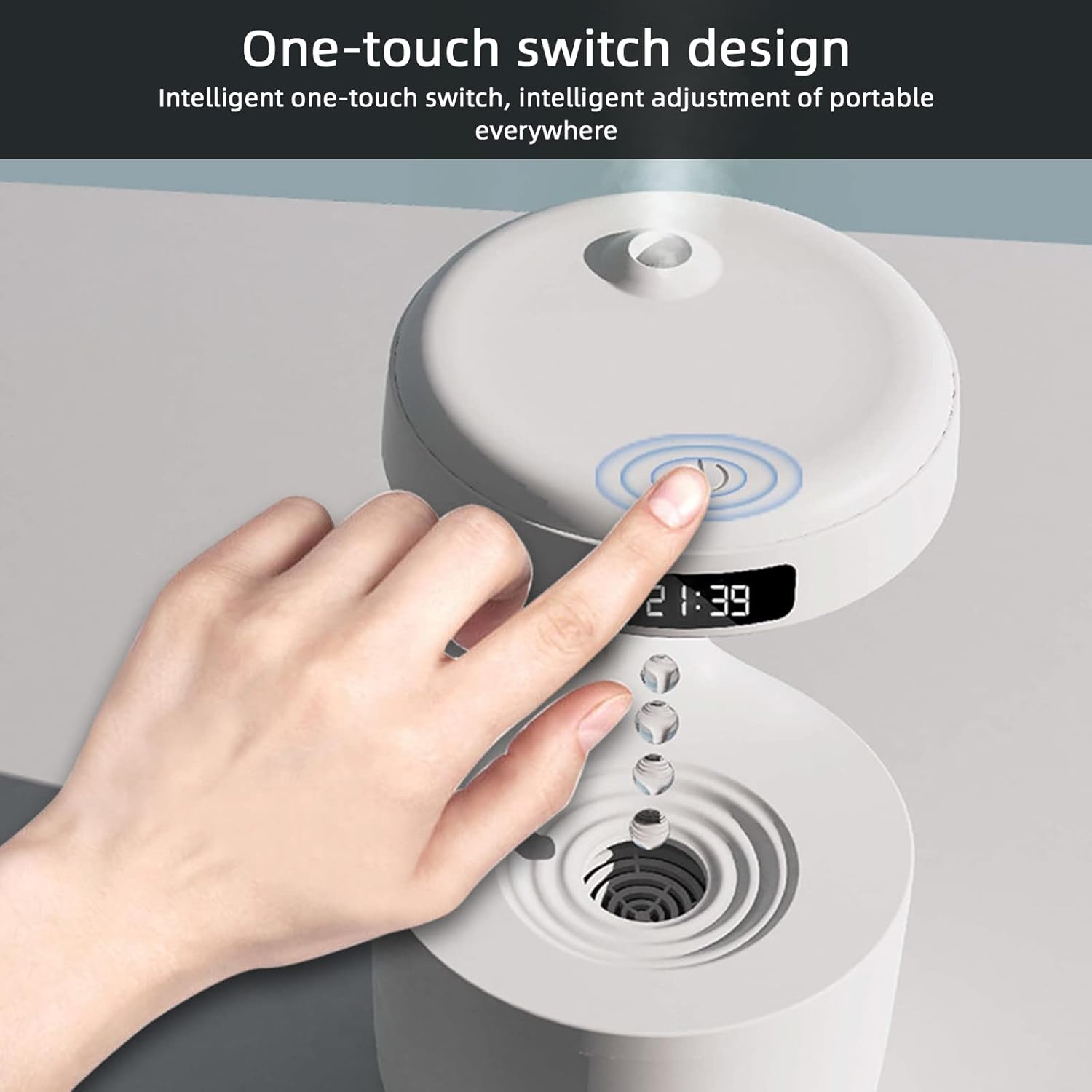 Anti-Gravity Drop Humidifier – 800ml Cool Mist with LED Clock & Water Flow Effect