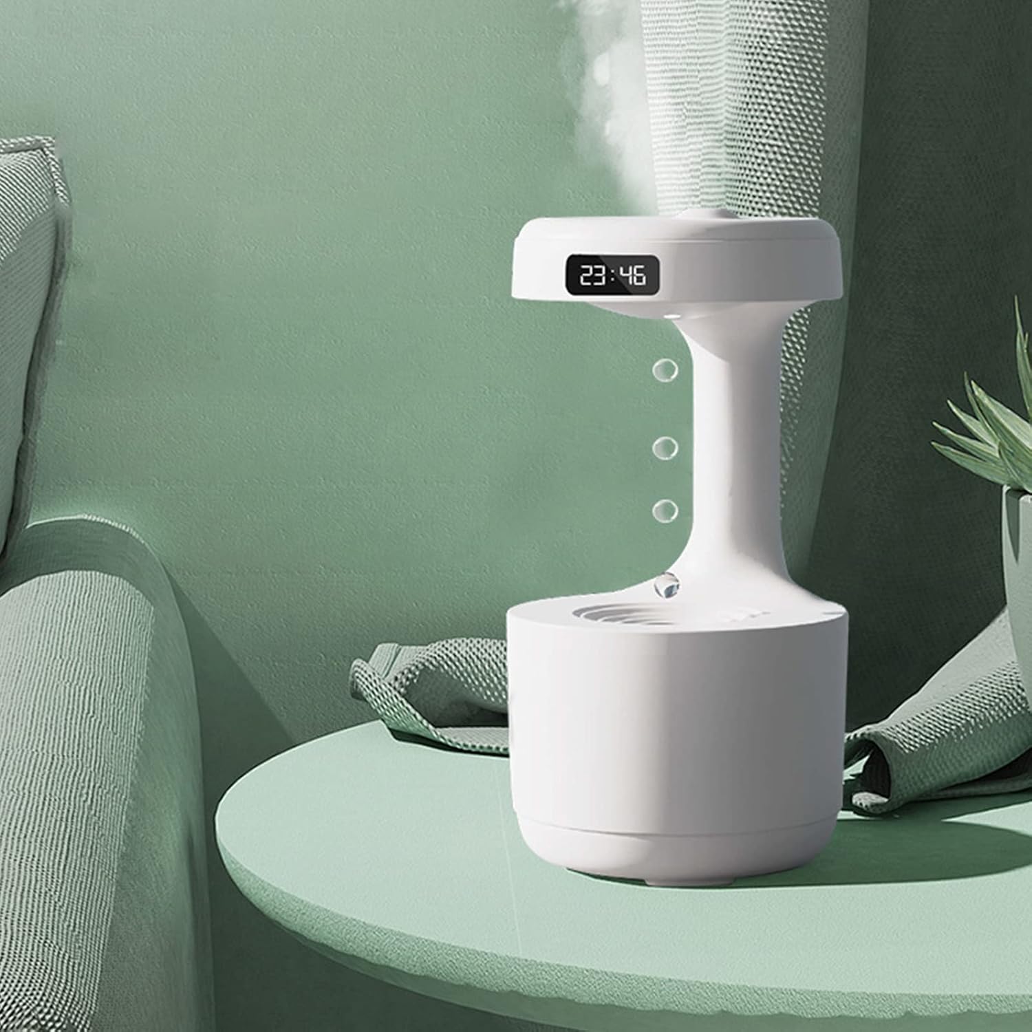 Anti-Gravity Drop Humidifier – 800ml Cool Mist with LED Clock & Water Flow Effect