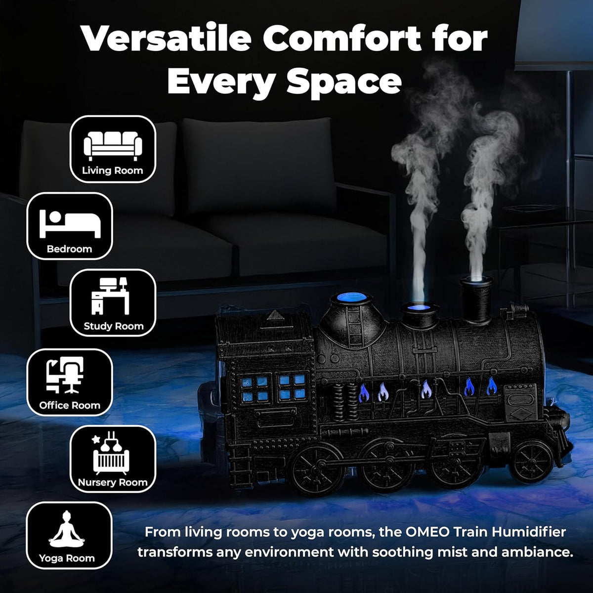 Black Small Train Aromatherapy Humidifier & Essential Oil Diffuser - Dual Mist, Quiet Ultrasonic, 300ML Tank, Remote Control, LED Light, Air Purifier for Home, Office, and Bedroom Use